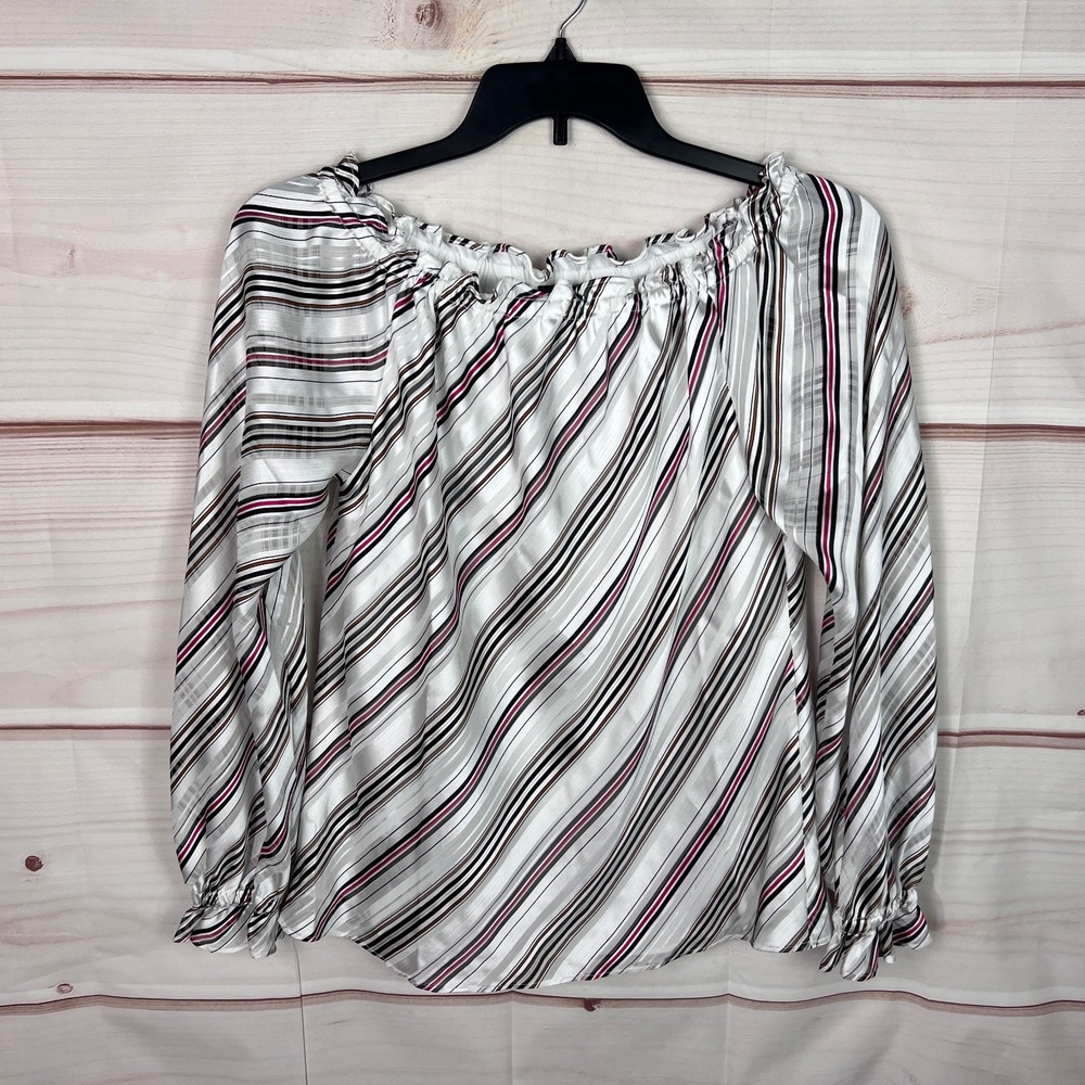 White House Black Market Top Womens M White Stripe Blouse Elastic Neck Pullover
